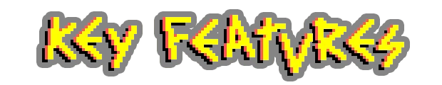 Look Mum No Computer: Pixelated yellow and red text reads "Key Features" with a bold, jagged style.