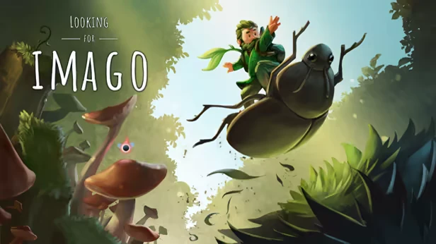 Beetle Rider – Looking for Imago Looking for Imago: A character rides a large beetle, surrounded by mushrooms and greenery.
