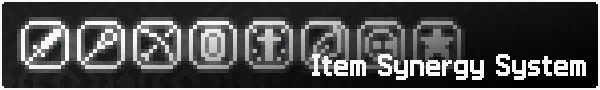 LootMage: Pixel icons of items with text "Item Synergy System" in bold white font.
