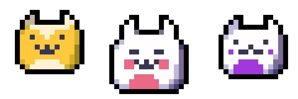 LOOTPLOT: Three pixelated cat-like creatures with horns, in yellow, white-pink, and white-purple.