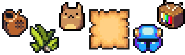 LOOTPLOT: Pixel art items include a jug, plant, cat, scroll, helmet, and retro TV.