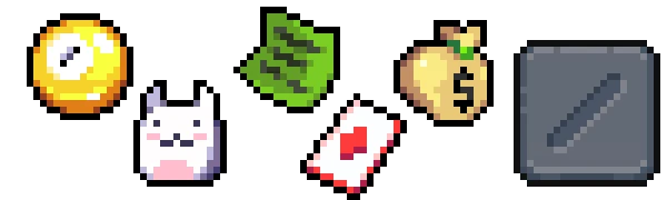 LOOTPLOT: Pixel art icons include a gold eye, white creature, green note, heart card, money bag.