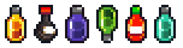 LOOTPLOT: Six pixel art potion bottles in various colors: yellow, black, purple, green, red, teal.