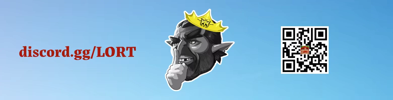 LORT: Red text "discord.gg/LORT", goblin with crown, QR code with mustache icon, blue sky.