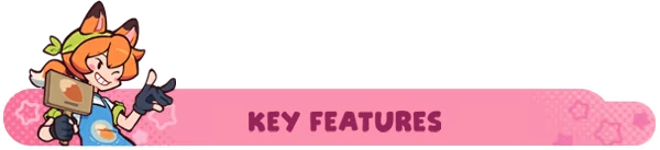 Lost and Found Co.: Cartoon character with fox ears holds a paddle, next to "Key Features" text.