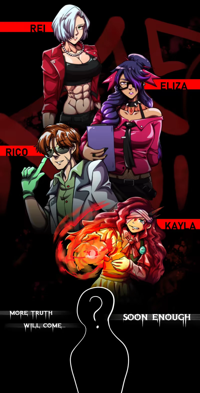 Lost Eclipse: Four characters with names, shadowy figure below, text reads "More truth will come... Soon enough."