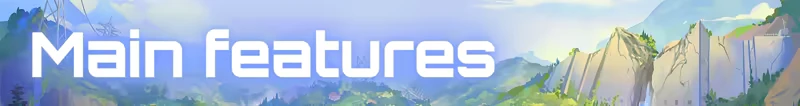 Lost in Tandem: White “Main features” text over pastel mountains and cliffs background.