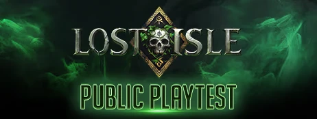 Lost Isle: Game logo with skull emblem, green mist, and "Public Playtest" in bold green text.