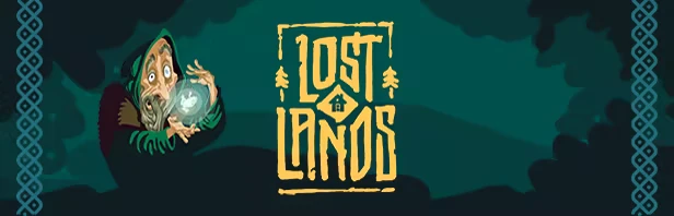 Mystical Logo – Lost Lands Lost Lands: Hooded figure holding glowing orb, stylized yellow text logo, Nordic patterns.