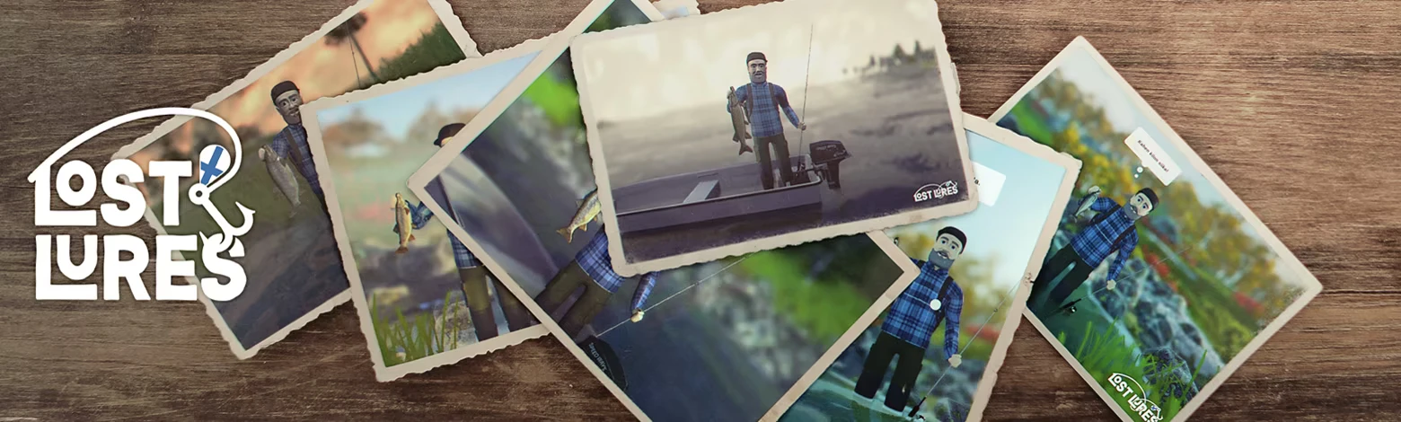 Photo Collage – Lost Lures Lost Lures: Logo beside scattered photos of a fisherman holding fish on a wooden table.