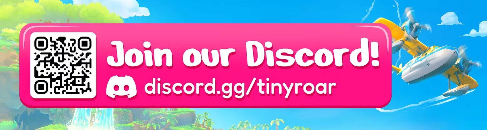 Discord Banner – Lou’s Lagoon Lou’s Lagoon: Pink banner reads “Join our Discord!” with QR code and seaplane in sky.
