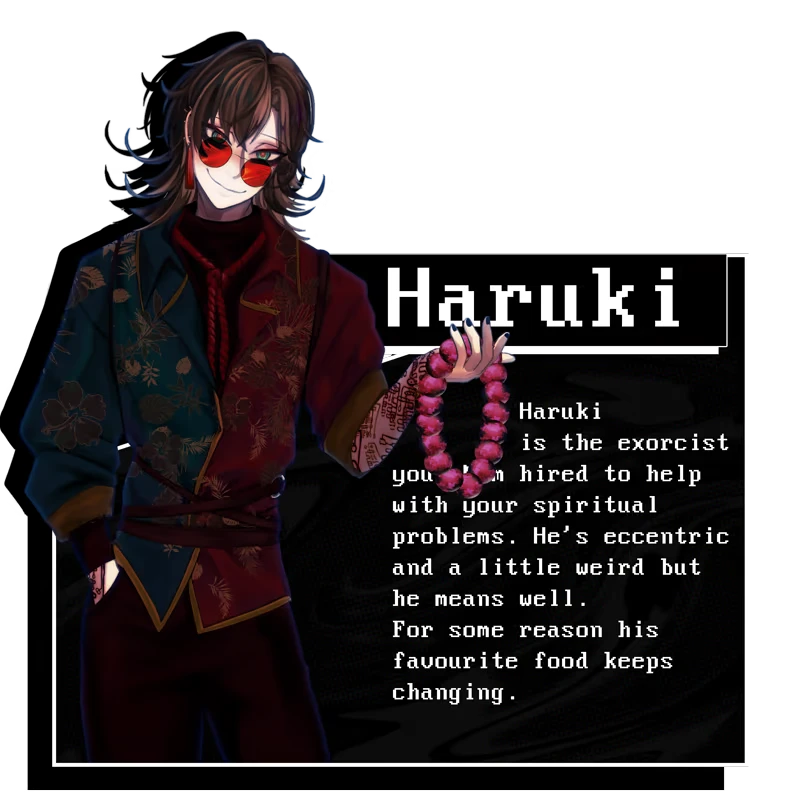 Haruki Profile Card – Lover’s Enigma Lover’s Enigma: Character Haruki in red sunglasses beside pixel-text bio panel.