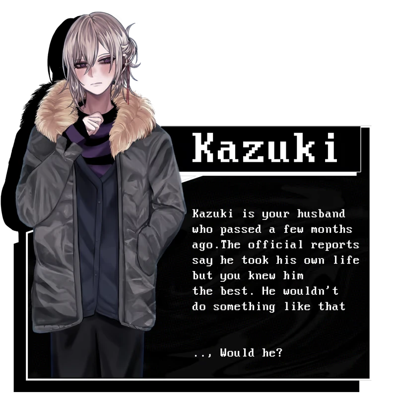 Lover's Enigma: Kazuki, with silver hair and fur collar, stands beside text about his mysterious death.