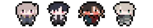 Lover's Enigma: Four pixelated characters with distinct hair colors and outfits on a black background.