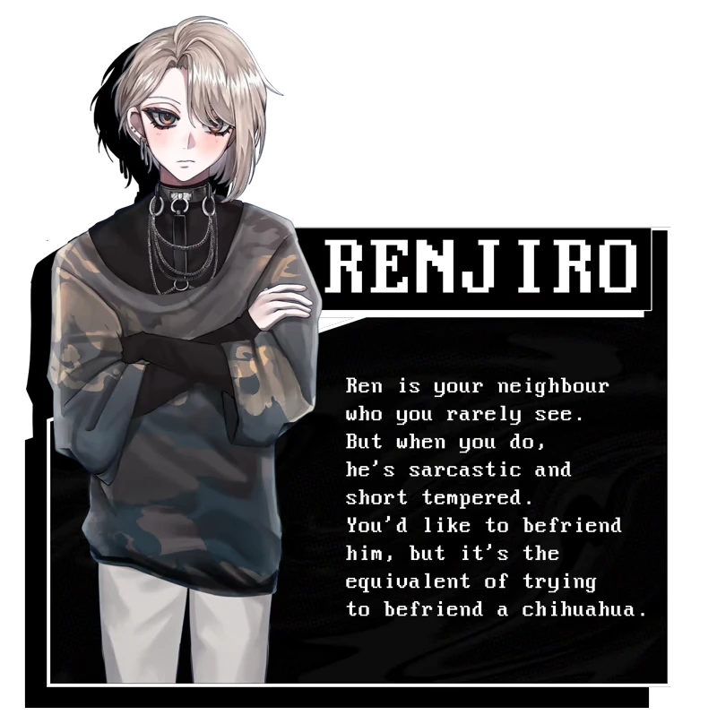 Lover's Enigma: Renjiro, a pale character with layered hair, stands with arms crossed. Text describes him as a sarcastic, short-tempered neighbor.