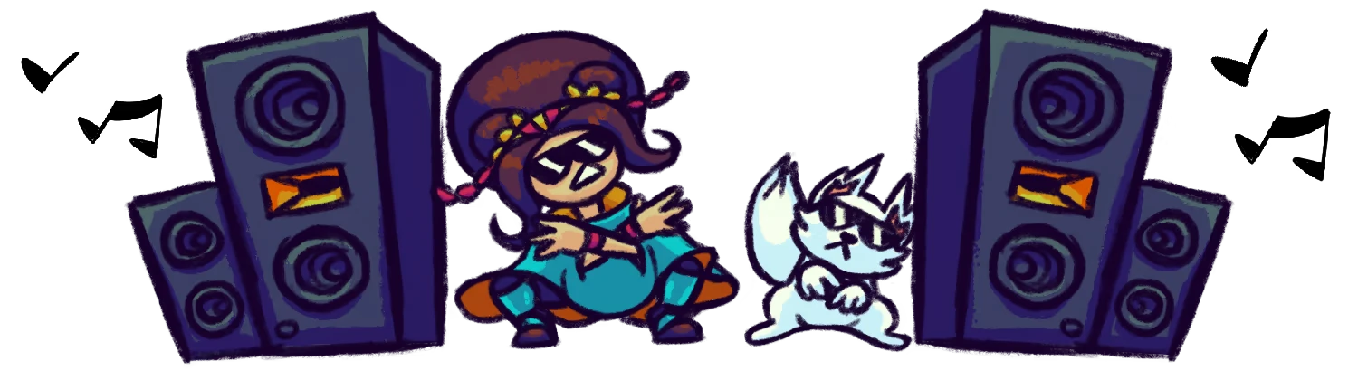 LUCID: Cartoon character and white cat with sunglasses dance between large speakers.