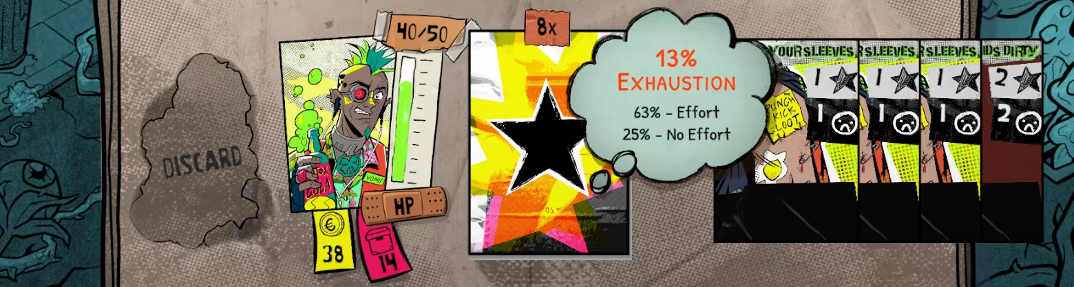 Lucky Punk: UI with “13% EXHAUSTION” bubble, punk portrait, star card, sleeves cards row.