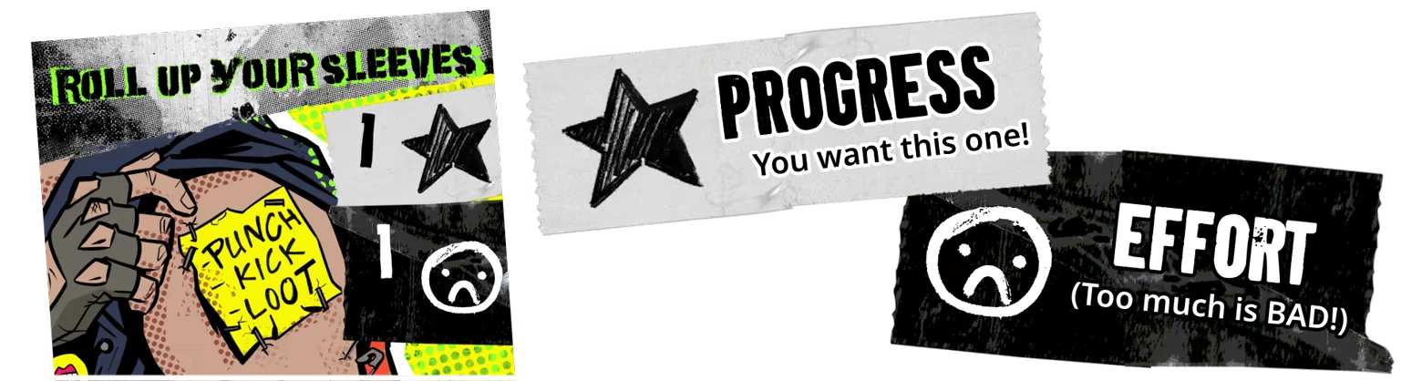 Lucky Punk: Comic banner with “PROGRESS” and “EFFORT,” plus arm tattoo notes “PUNCH KICK LOOT”.