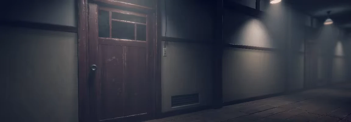 Lull: Dim hallway with wooden door, wall vent, and overhead lamps casting pools of light.