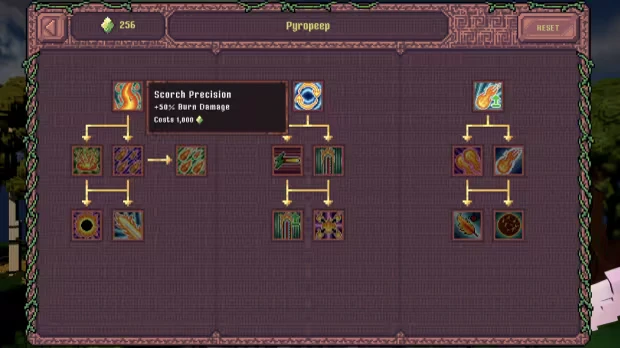 Luminas: Skill tree with icons and arrows, "Scorch Precision" tooltip, 256 gems, reset button.