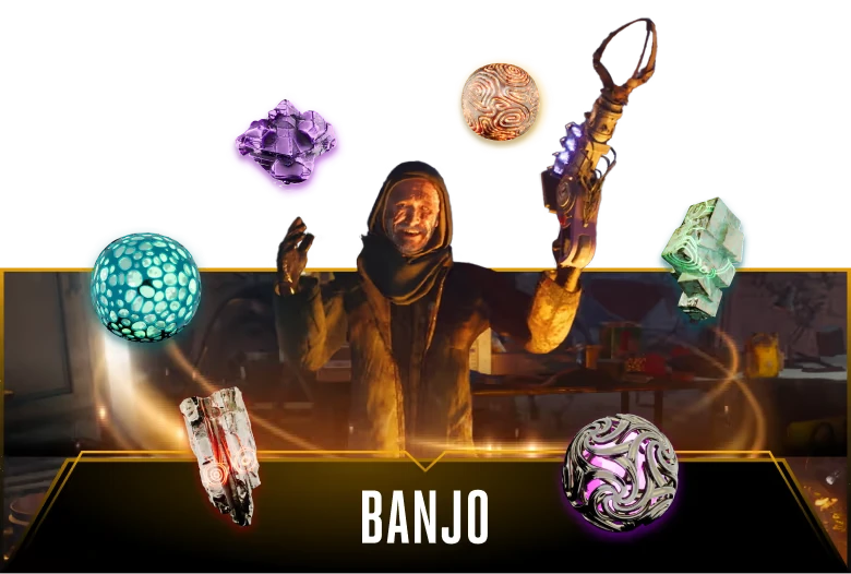 Banjo Crafting Items – Macabre Macabre: Hooded figure with glowing weapon, surrounded by colorful orbs and crystals, text "BANJO".