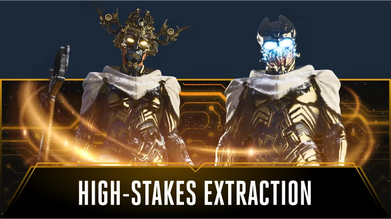 High Stakes Extraction – Macabre Macabre: Two armored figures with glowing eyes, ornate masks, and white capes. "High-Stakes Extraction" text below.