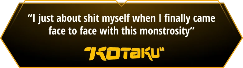 Kotaku Review – Macabre Macabre: A quote from Kotaku on a dark hexagonal background with bold white and yellow text.