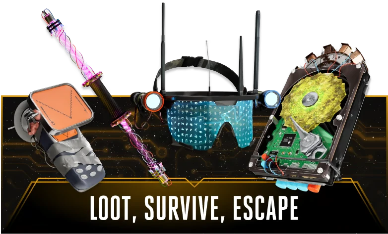 Loot Gear Display – Macabre Macabre: Neon sword, high-tech goggles, and gadgets with "LOOT, SURVIVE, ESCAPE" text below.