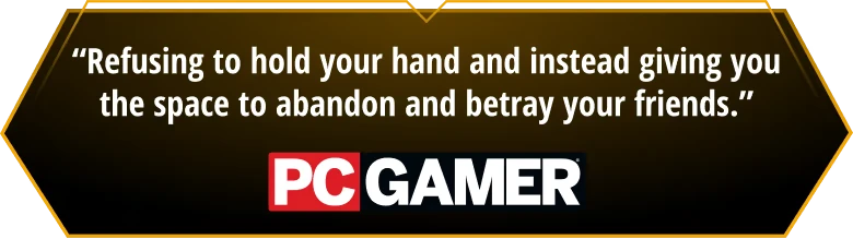 Pc Gamer Review – Macabre Macabre: Quote from PC Gamer on dark background, praising betrayal aspect of the game.