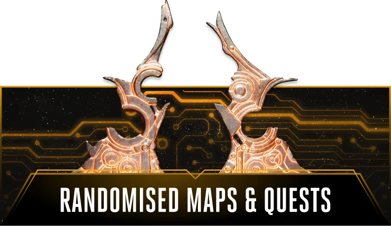 Randomised Maps Quests – Macabre Macabre: Two ornate, metallic gears with circuitry background and text "RANDOMISED MAPS & QUESTS".