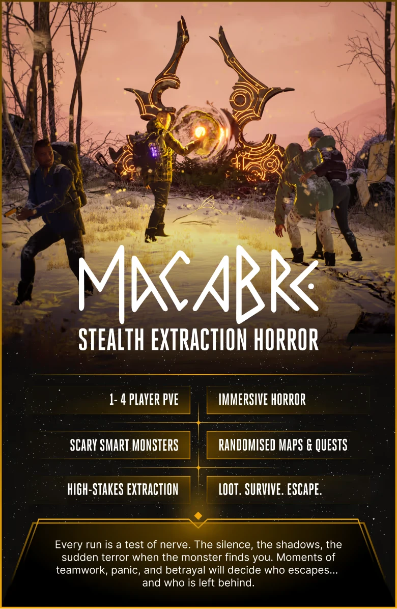 Rift Gateway – Macabre Macabre: Three figures in snowy terrain near a glowing portal, with bold text "STEALTH EXTRACTION HORROR."