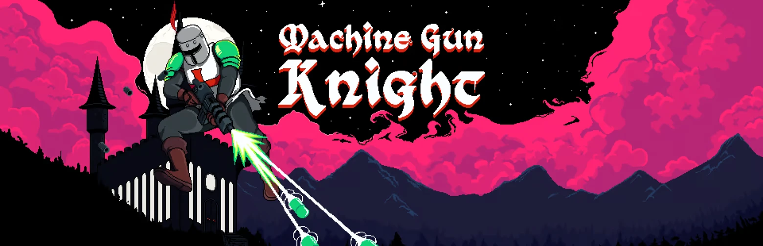 Machine Gun Knight: Armored knight firing green lasers, gothic castle, pink clouds, moonlit sky.