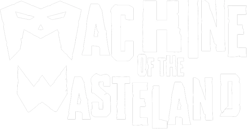Logo Design – Machine of the Wasteland Machine of the Wasteland: Bold white text with angular, mask-like designs on a black background.