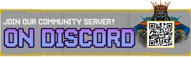 Discord Invite Banner – Mad King Redemption Mad King Redemption: Banner reading JOIN OUR COMMUNITY SERVER! ON DISCORD with QR code.