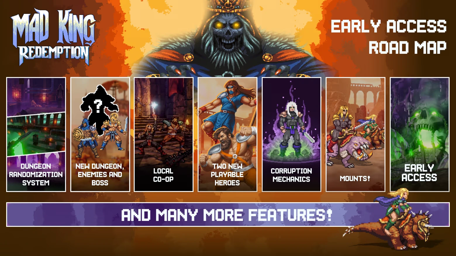 Early Access Roadmap – Mad King Redemption Mad King Redemption: Early Access Road Map banner with feature panels and skull king.
