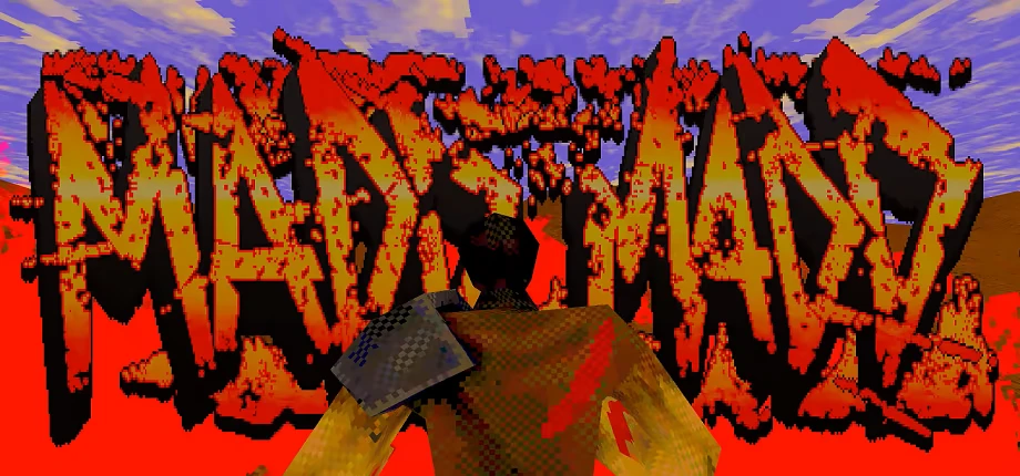 Title Logo Splash – MADDMADD MADDMADD: Large dripping MADDMADD logo in red and yellow over a purple sky background.