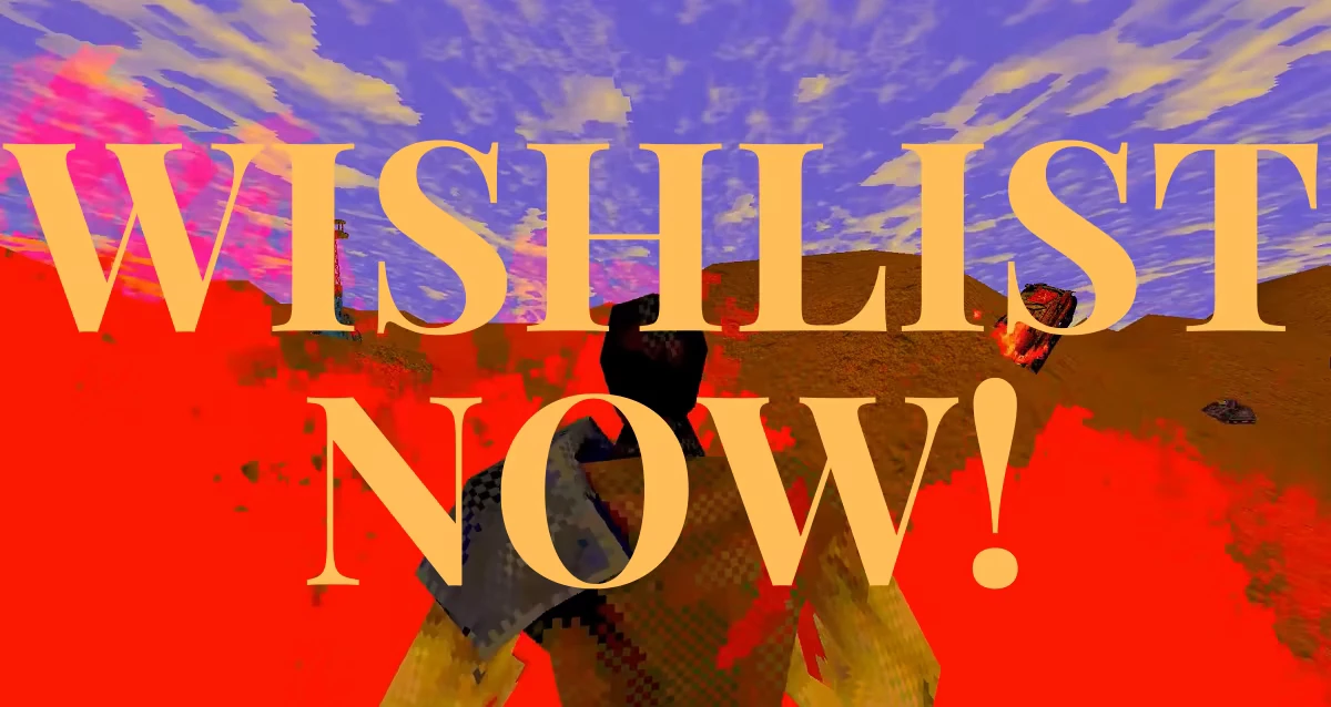 Wishlist Now – MADDMADD MADDMADD: Large yellow serif text “WISHLIST NOW!” over red splatter and sky.