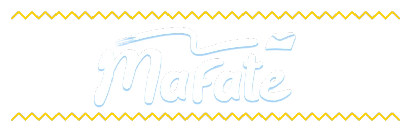MAFATE: White script text with a blue outline, envelope icon, yellow zigzag lines above and below.