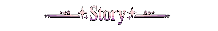 Magical Blush: Pixel-art “Story” title with pink flourishes and star icons on black background.
