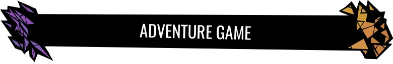 Magin: "ADVENTURE GAME" text on black with purple and orange geometric shapes on sides.