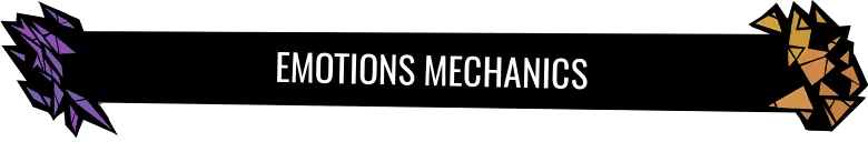 Magin: "Emotions Mechanics" text in white on a black banner, with purple and orange shards.