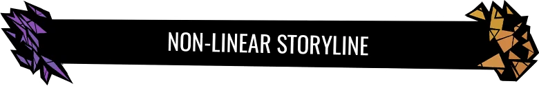 Magin: "Non-linear Storyline" text on black banner with purple and orange geometric shapes.