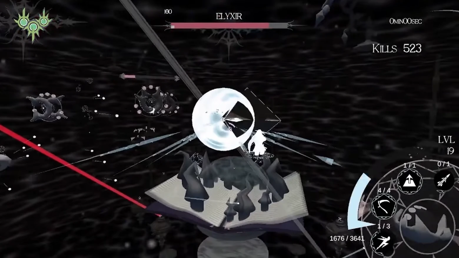 MAGIYA: Boss bar “ELYXIR”, kills 523, white orb blast over open book arena UI.