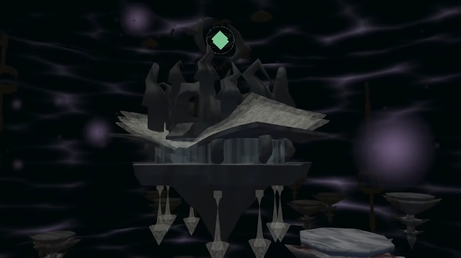 MAGIYA: Floating stone platform with jagged spires and a glowing green diamond sigil.