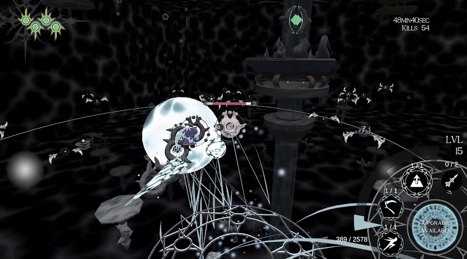 MAGIYA: Dark arena with glowing shield orb, bats, and HUD showing KILLS 54, LVL 15.