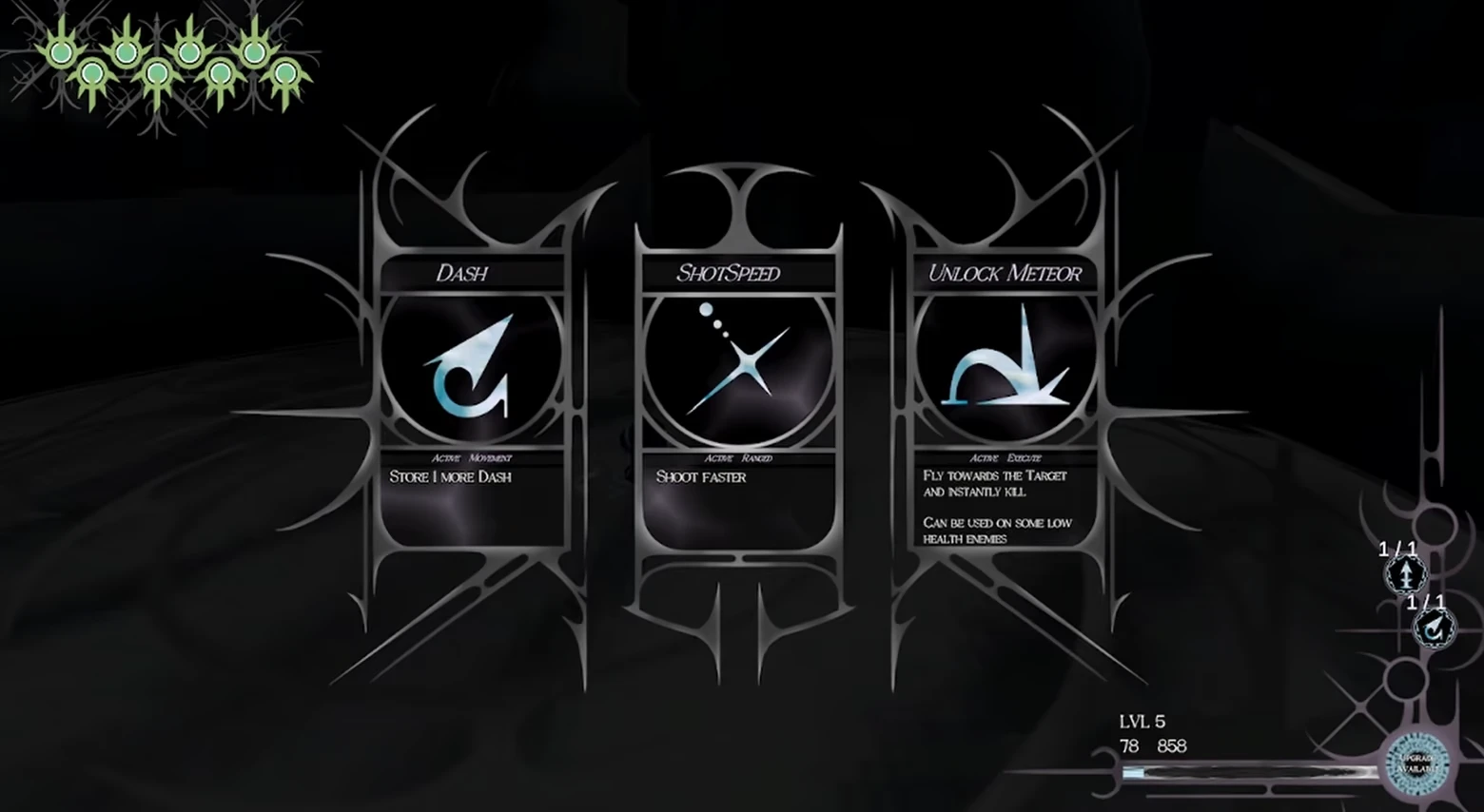 MAGIYA: Upgrade menu with cards Dash, Shotspeed, Unlock Meteor on dark background.