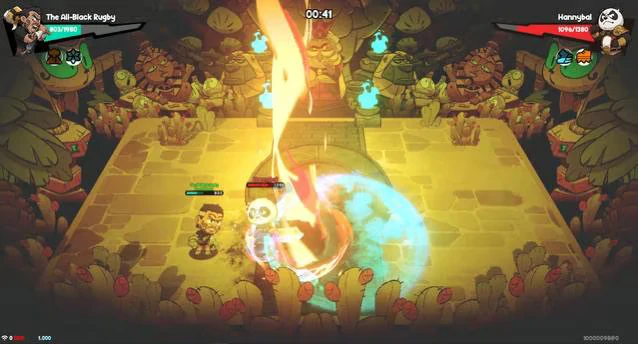 Make'Em Mayhem: Arena fight UI with timer 00:41 and swirling fire and blue blast.