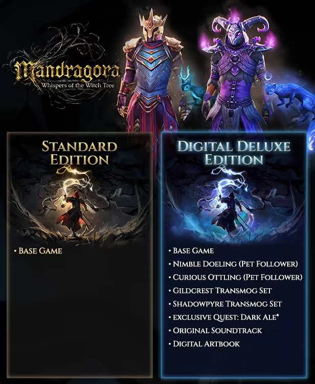 Mandragora: Two armored figures, game editions listed with features like pets and transmogs.