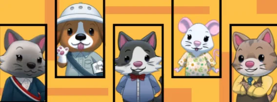 Many Ducks: Cartoon animal portraits in frames on orange background, including cats, dog, mouse.