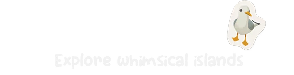 Map Map: Cartoon seagull next to text "Explore whimsical islands" in playful font.